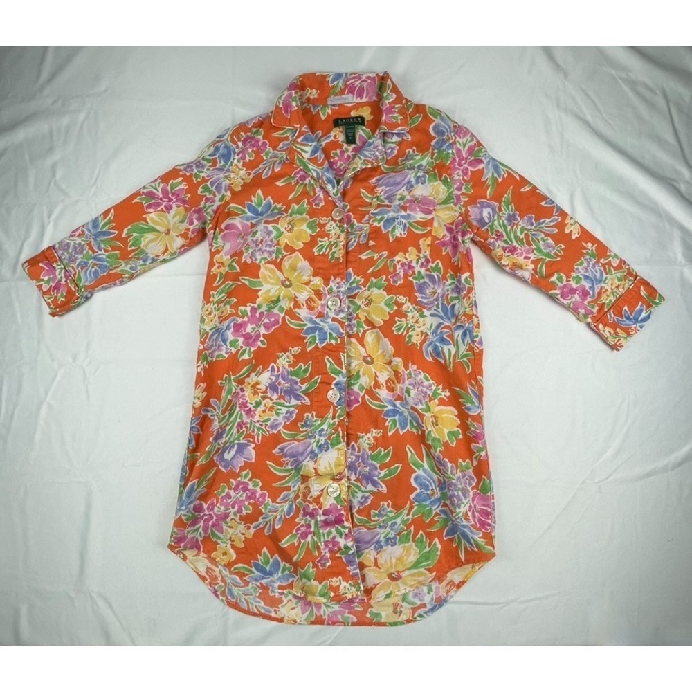 LAUREN RALPH LAUREN PAJAMA TOP WOMEN SMALL FLORAL ORANGE‎ SLEEP SHIRT COTTON
